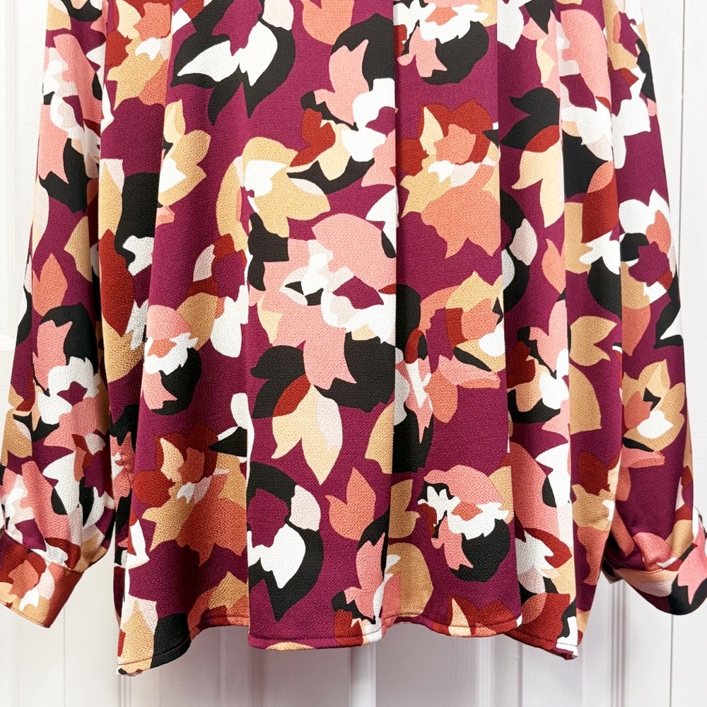 NWT Bar III Burgundy Red Abstract Floral Long Sleeve Blouse 2X - Picture 10 of 16